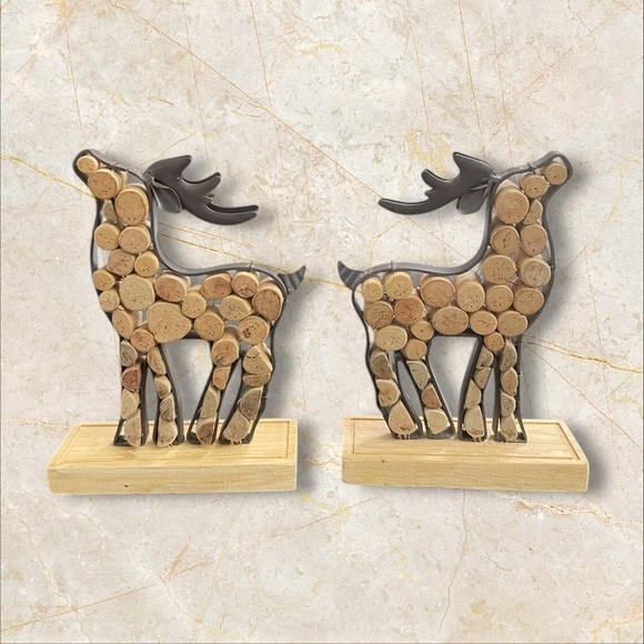 Pink Zebra Cork Wood Metal Deers 8.25"x5.75x2" Primitive Rustic set of 2 - Picture 2 of 10